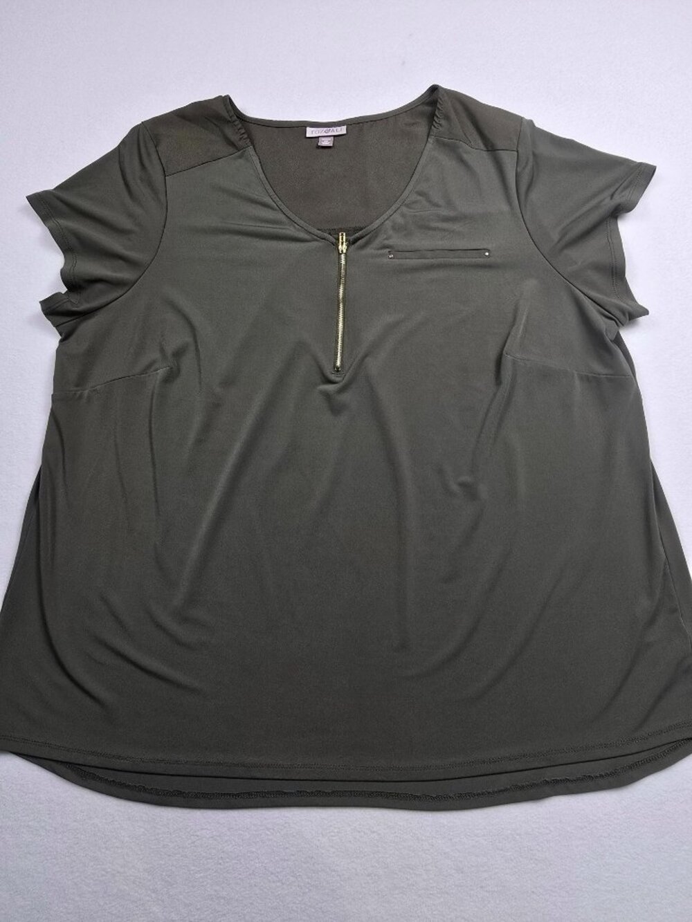 Roz & Ali 3X Womens Olive Green Short Sleeve Blouse Zipper Front